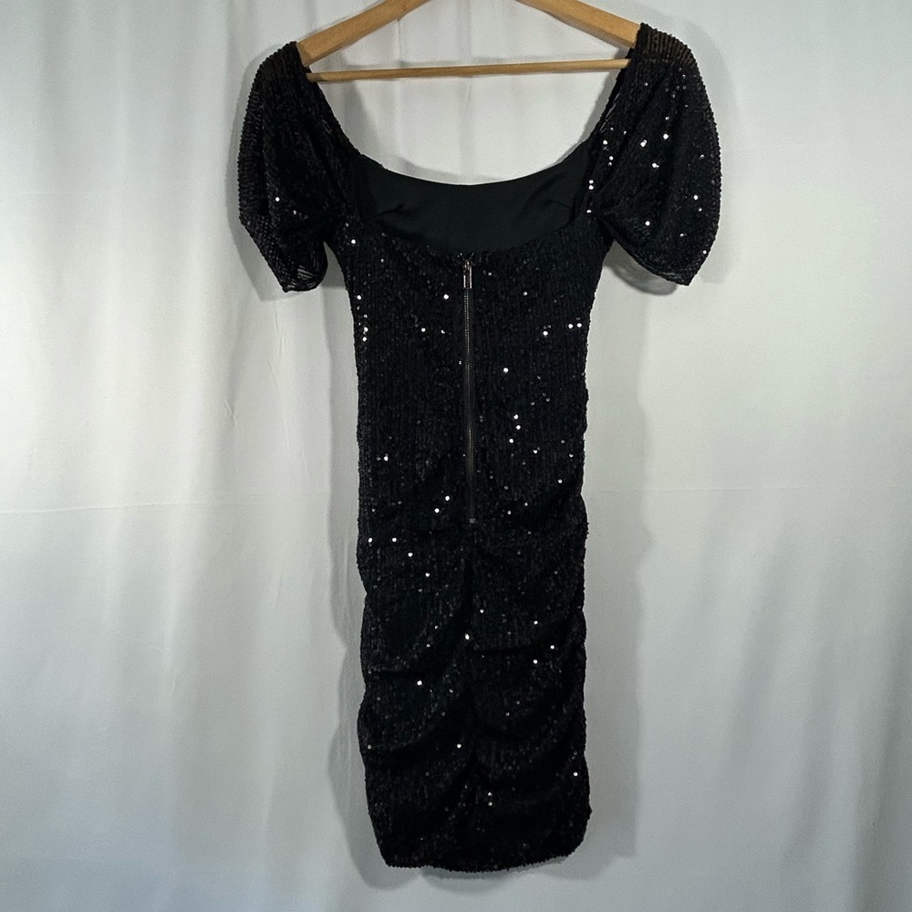Hello Molly Size 4 Black Sequins Dress Scoop Neck Cinched Sexy Lined Mini - Picture 9 of 16